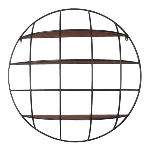 Černý kovový kulatý nástěnný stojan s dřevěnými poličkami - 91*20 cm