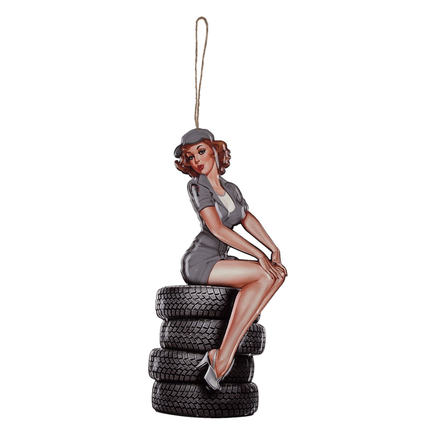 Závěsná kovová cedule dámy sedící na pneumatikách - 28*60 cm Clayre & Eef