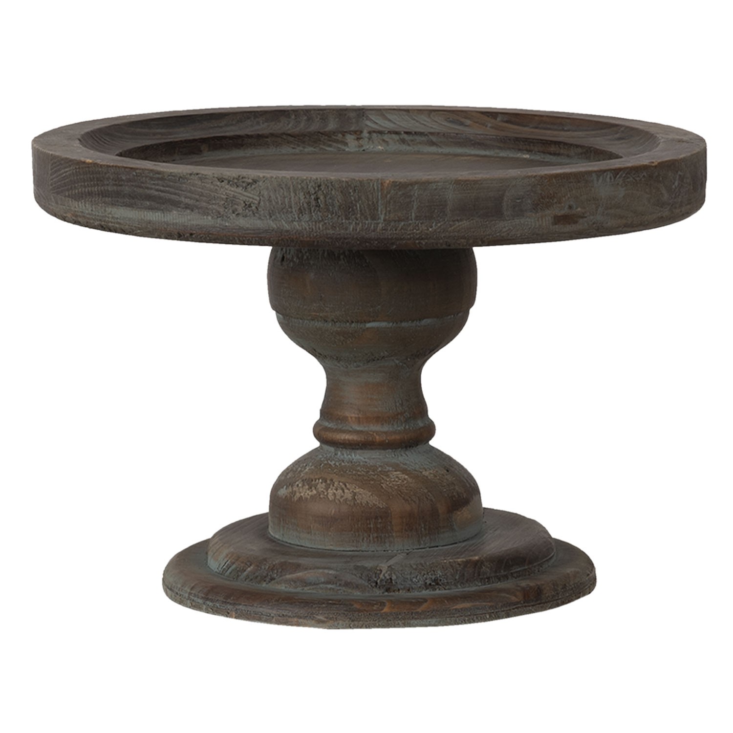Hnědo-šedý dřevený odkládací talíř na noze - Ø 24*16 cm Clayre & Eef