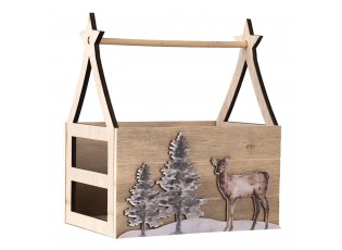 Hnědý dřevěný úložný box s jelenem a stromy - 16*11*18 cm