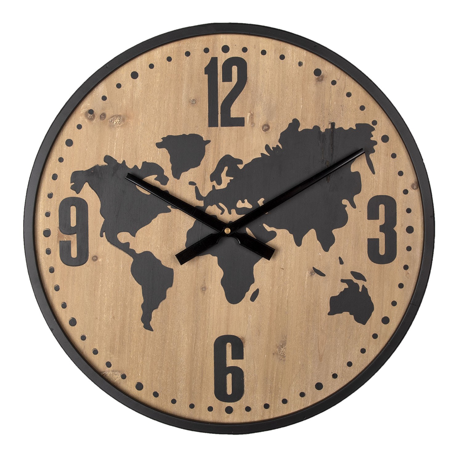 Hnědo černé nástěnné hodiny s mapou světa - Ø 50*4 cm / 1*AA Clayre & Eef