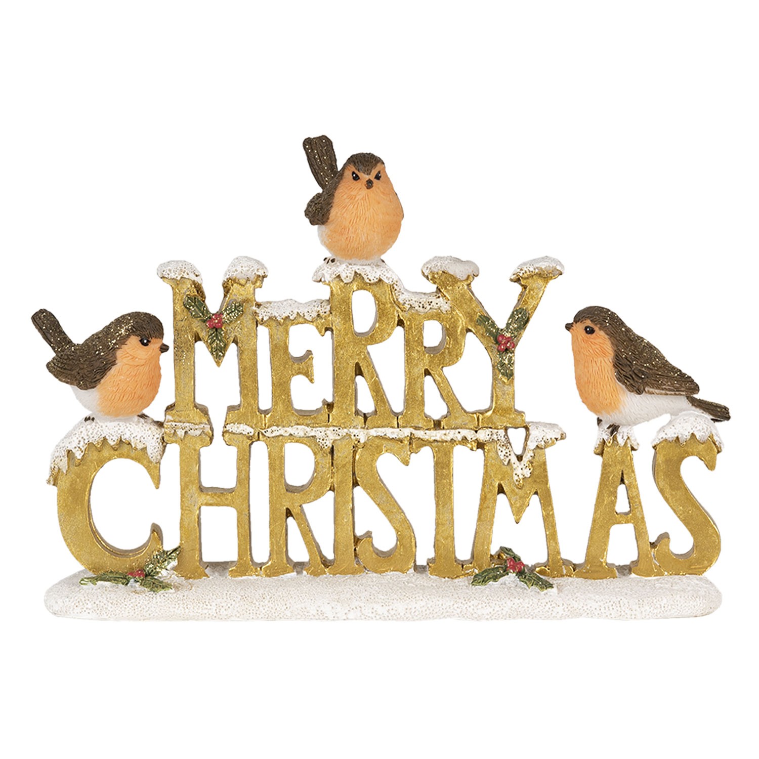 Zlatý dekorativní nápis Merry Christmas s ptáčky - 21*4*13 cm Clayre & Eef