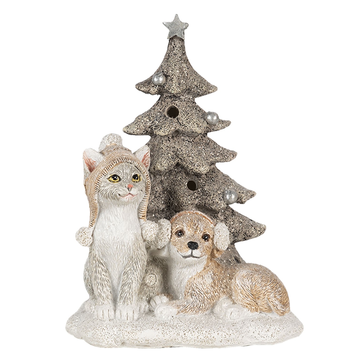 Vánoční dekorativní soška pejska a kočičky u stromečku - 11*9*15 cm LED osvětlení 6PR4628