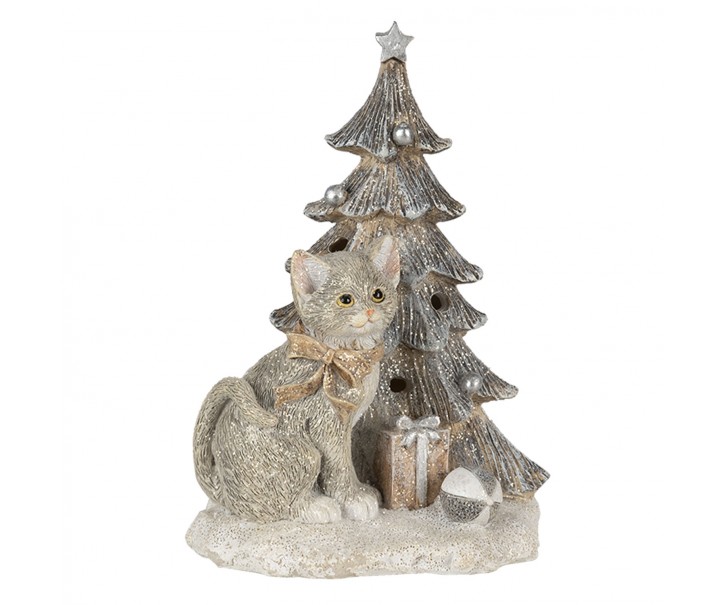 Vánoční dekorativní soška kočky u stromečku - 12*9*16 cm LED osvětlení