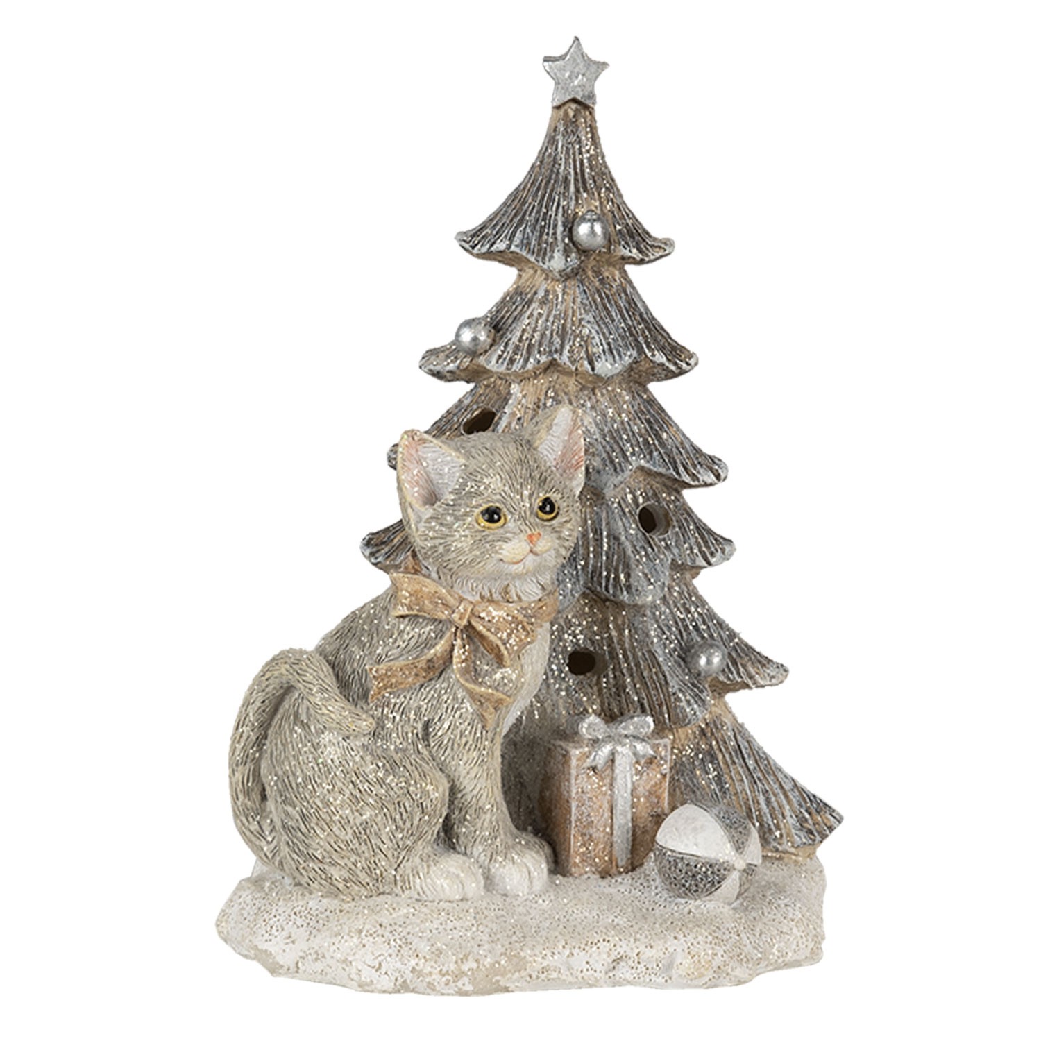 Vánoční dekorativní soška kočky u stromečku - 12*9*16 cm LED osvětlení 6PR4629