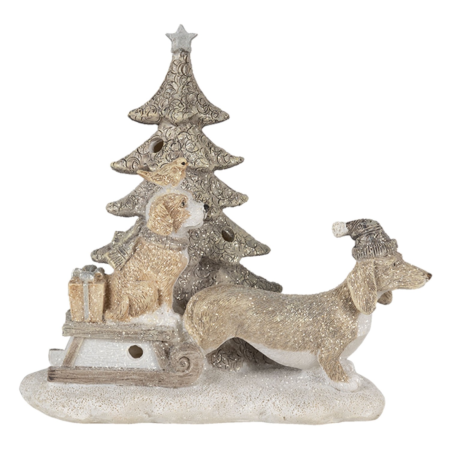 Vánoční dekorativní soška pejsků u stromečku s dárky a saněmi - 16*8*15 cm LED osvětlení Clayre & Eef