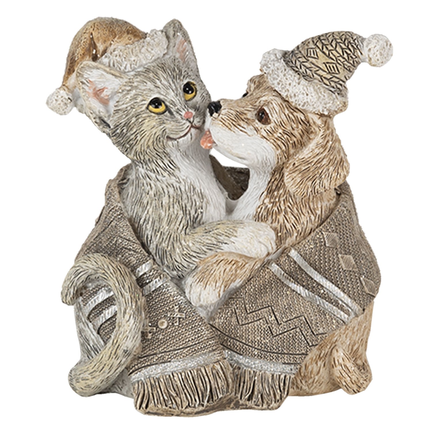Levně Vánoční dekorativní soška pejska a kočičky s čepicemi - 8*5*9 cm 6PR4634