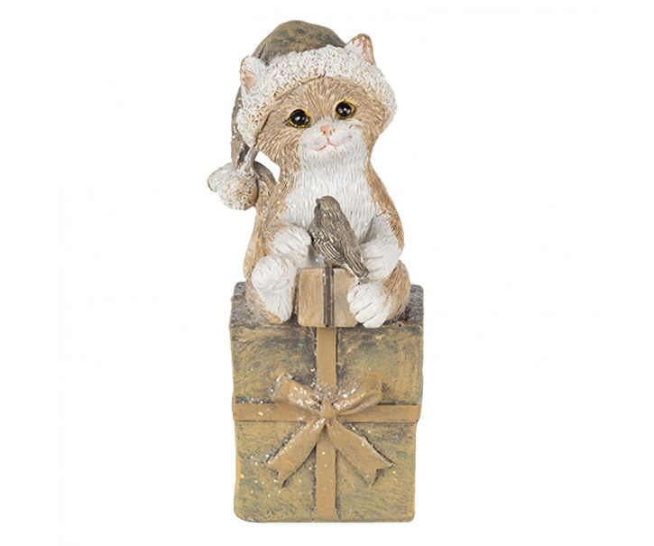 Vánoční dekorativní soška kočky s čepicí na dárku - 5*4*10 cm
