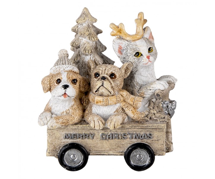 Vánoční dekorativní soška s pejskama a kočičkou ve vozíku - 9*7*11 cm