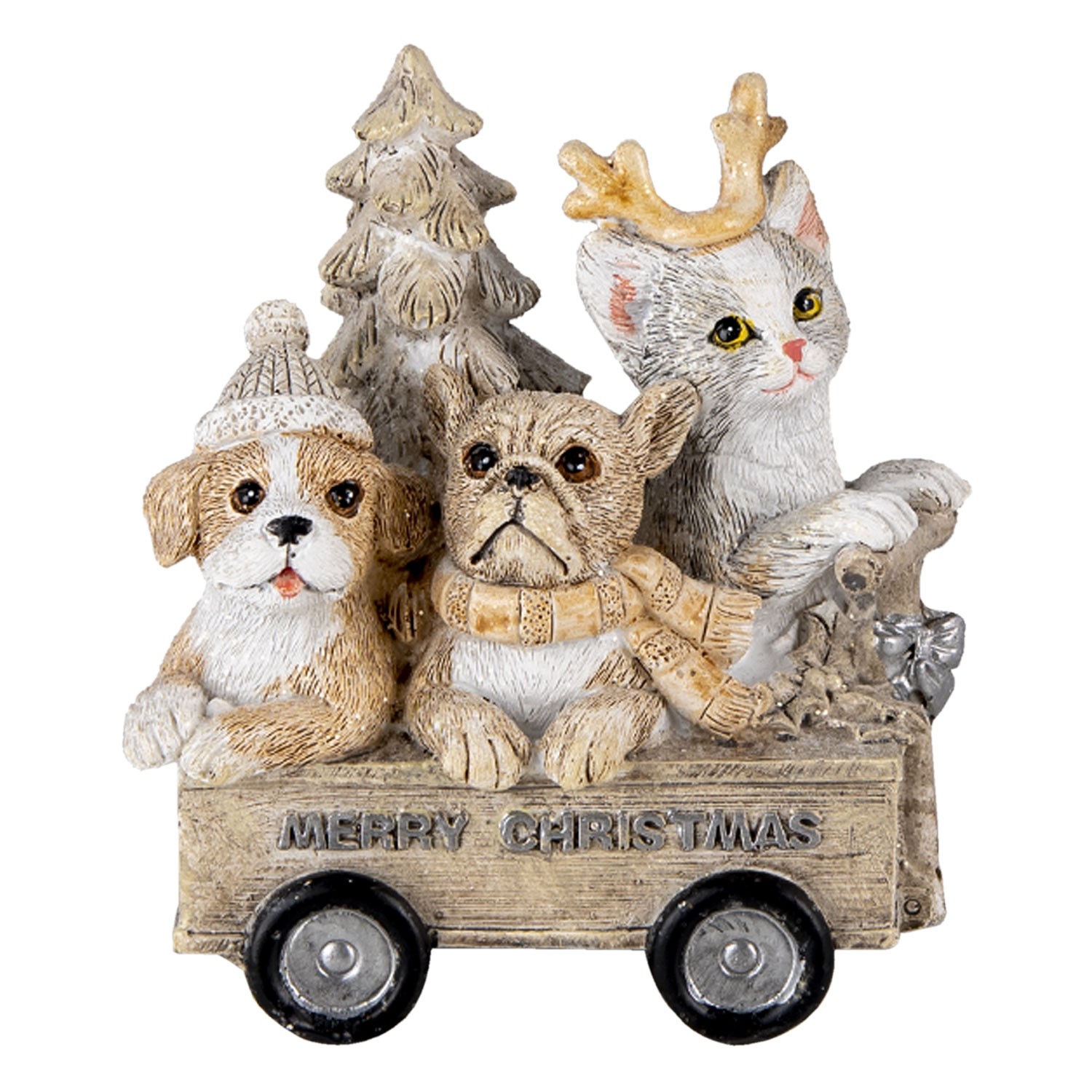 Vánoční dekorativní soška s pejskama a kočičkou ve vozíku - 9*7*11 cm 6PR4636