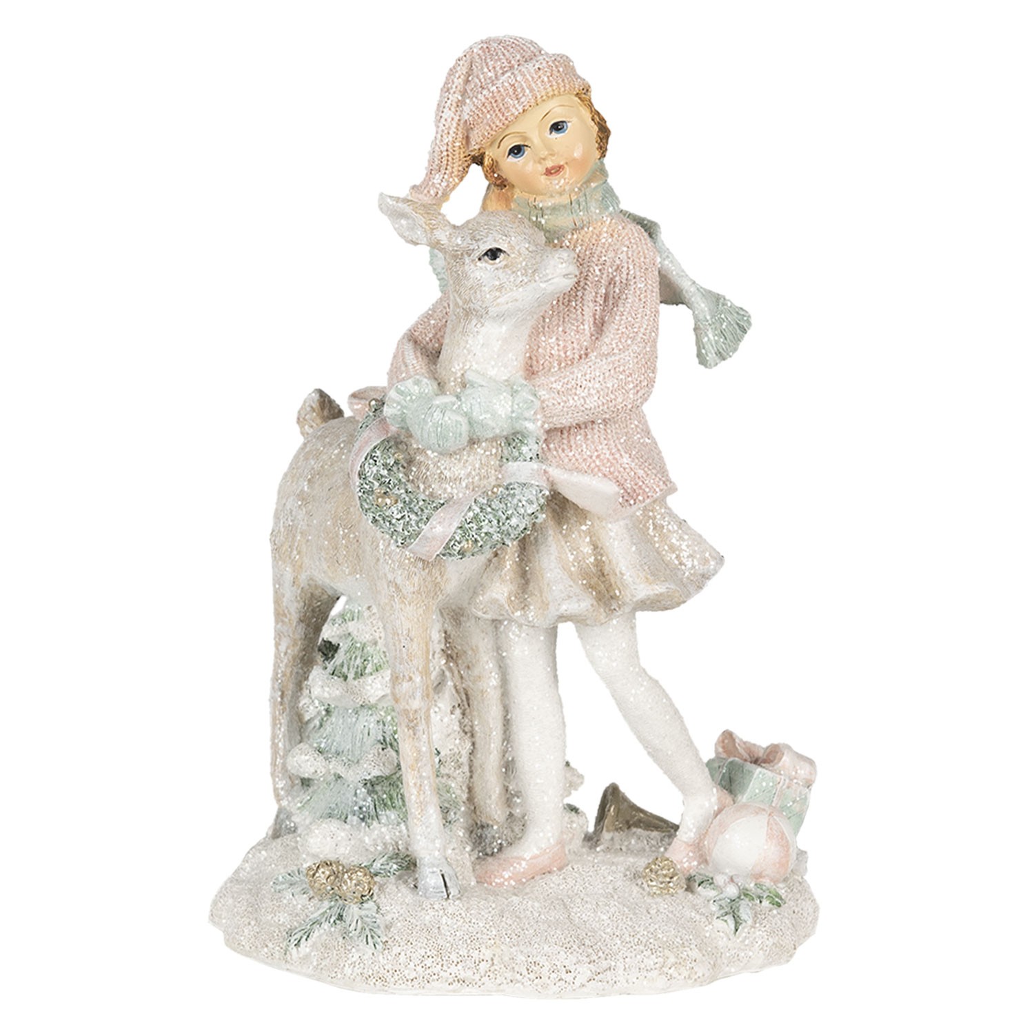 Vánoční dekorativní soška holčičky s laní - 13*10*20 cm Clayre & Eef