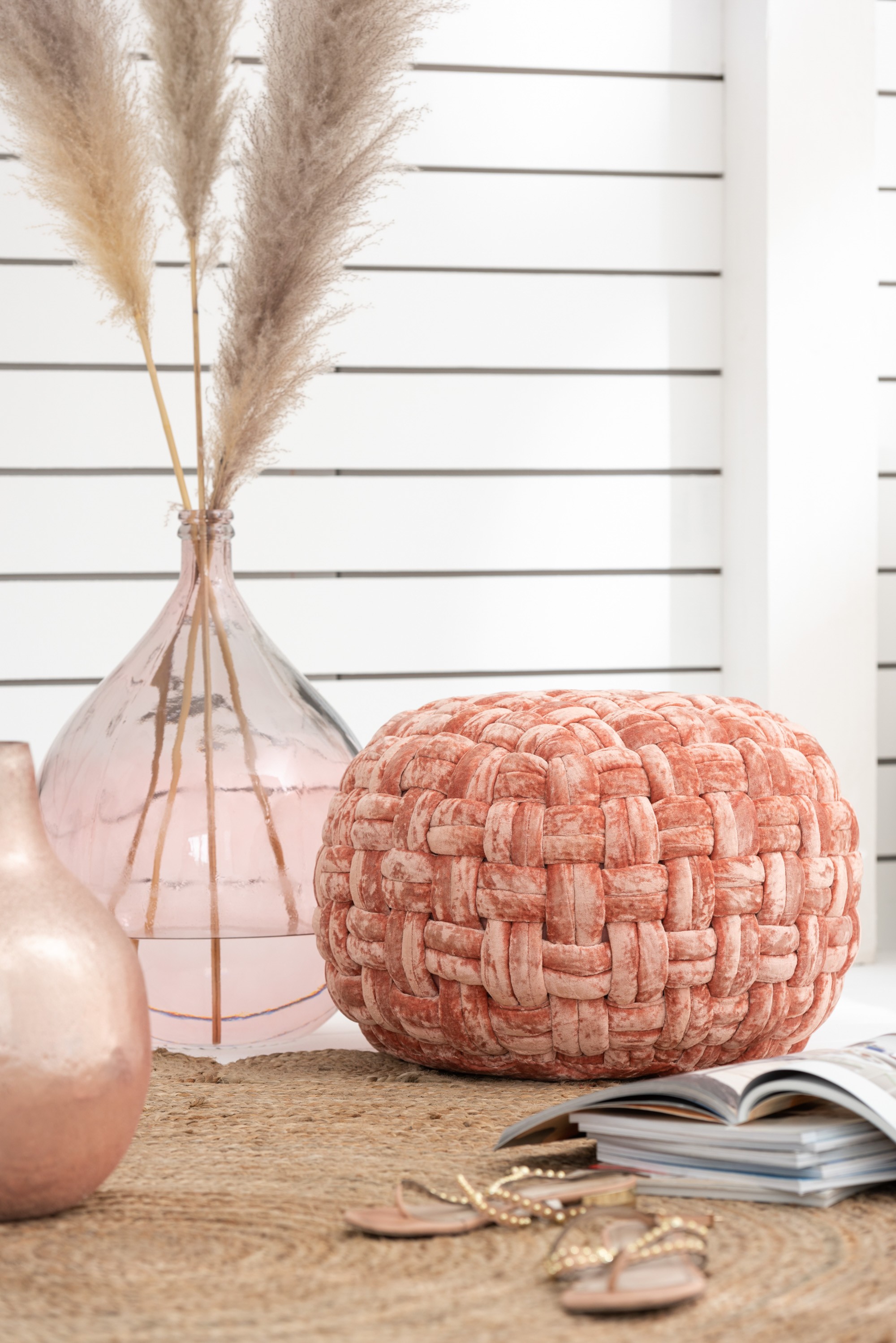 Růžovo-oranžový kulatý proplétaný puf Crocheted - Ø 48*35 cm