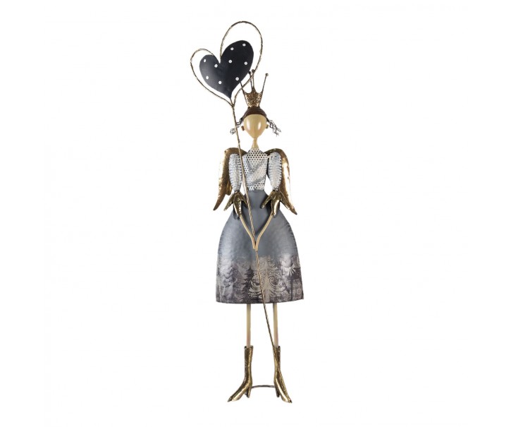 Dekorativní kovová soška anděla s křídly, korunkou a velkým srdcem - 25*13*87 cm