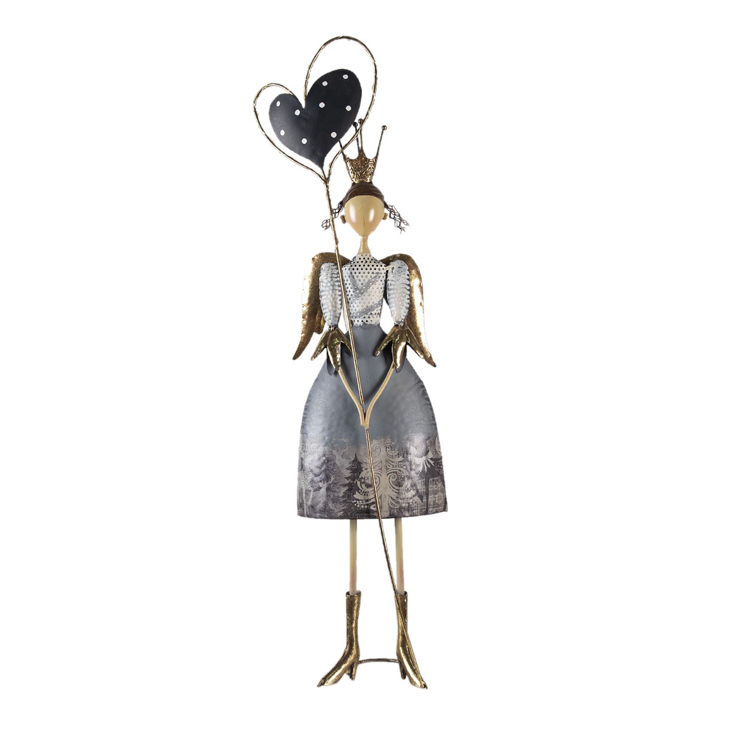 Dekorativní kovová soška anděla s křídly, korunkou a velkým srdcem - 25*13*87 cm Clayre & Eef