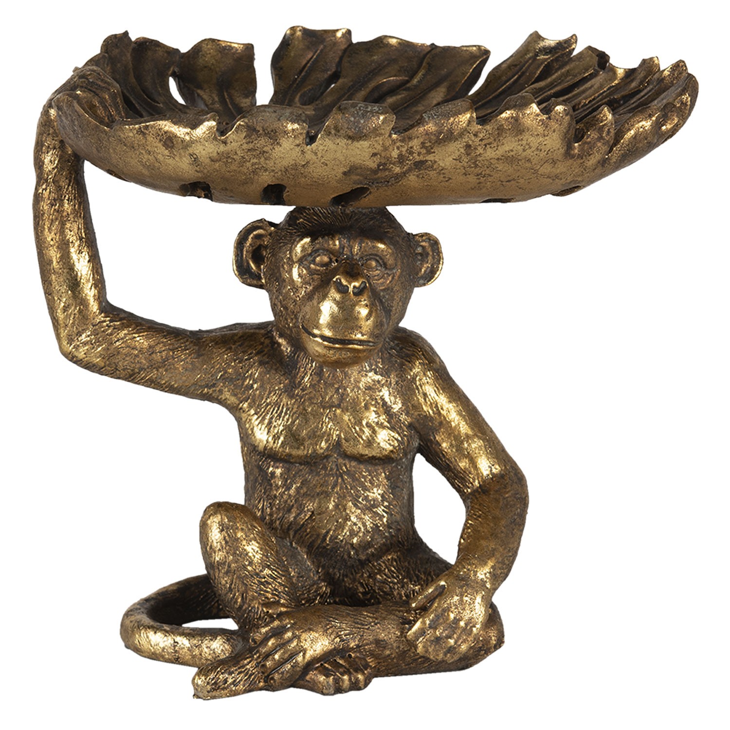 Levně Zlatá dekorativní soška opice s podnosem ve tvaru listu - 21*17*19 cm 6PR3384