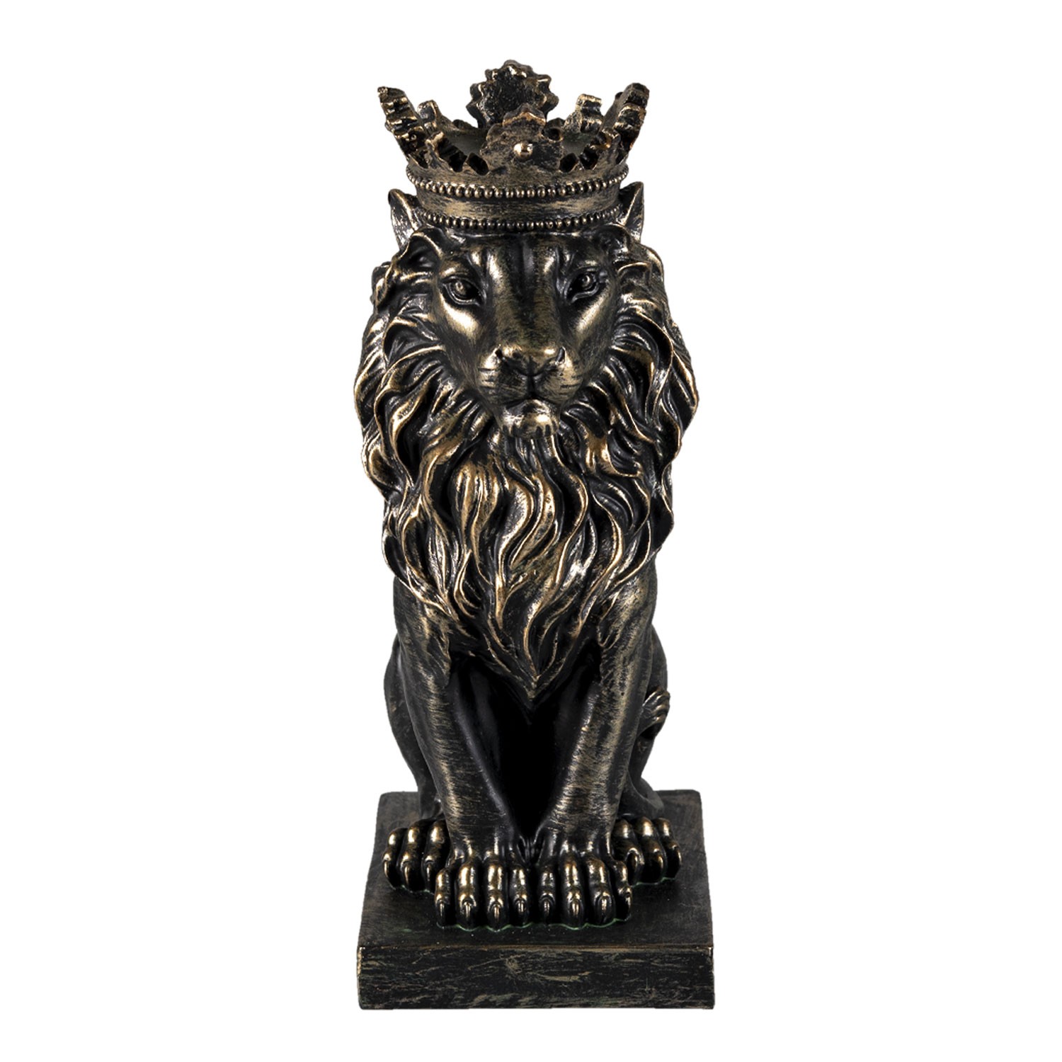 Hnědo zlatá dekorativní soška sedícího lva s korunou - 15*10*25 cm Clayre & Eef