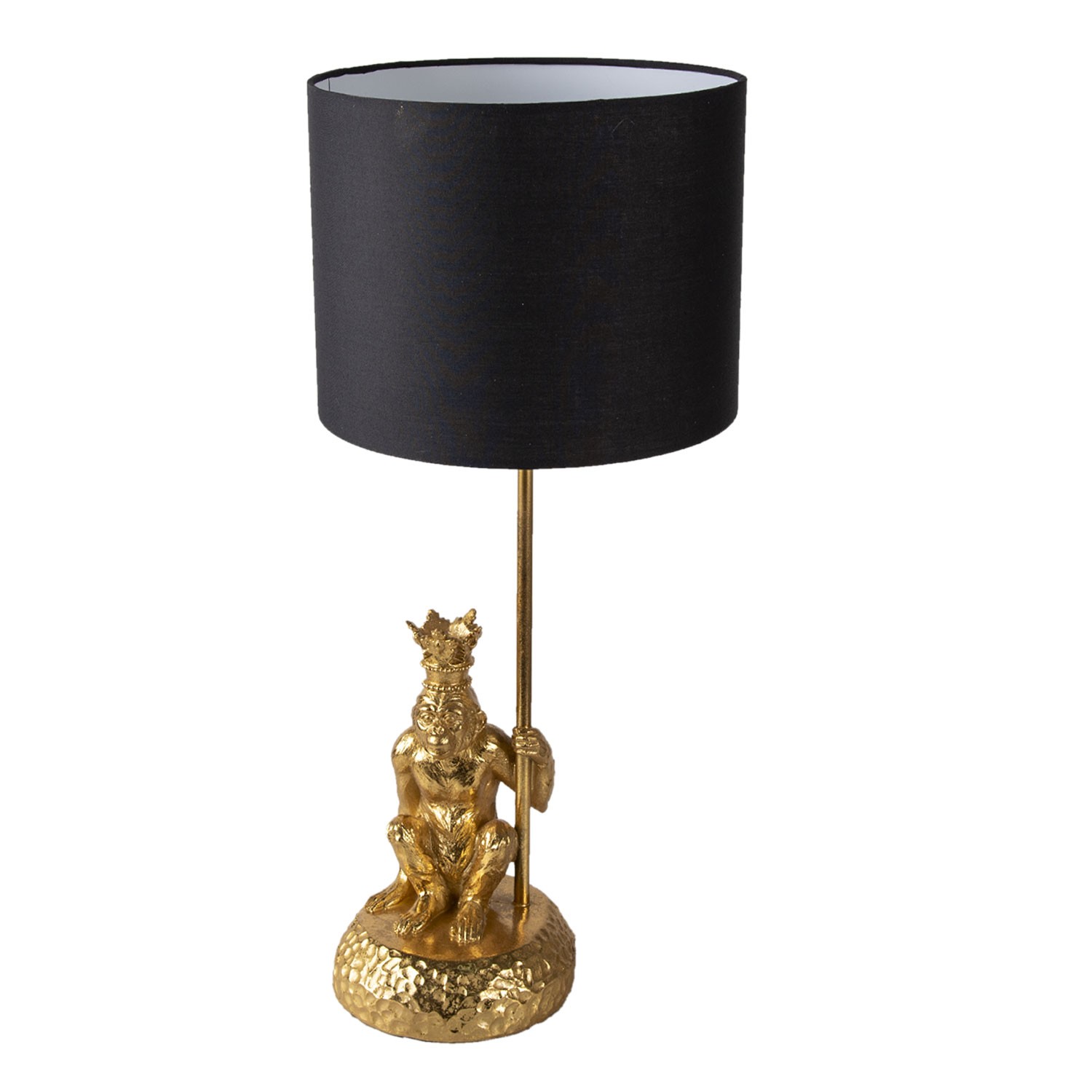 Levně Zlatá stolní lampa s opicí a korunkou a černým stínidlem Monkey King - Ø 23*45 cm E27 6LMC0048