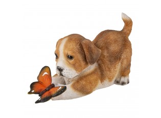 Dekorativní soška hrajícího si pejska s oranžovým motýlkem - 20*8*11 cm