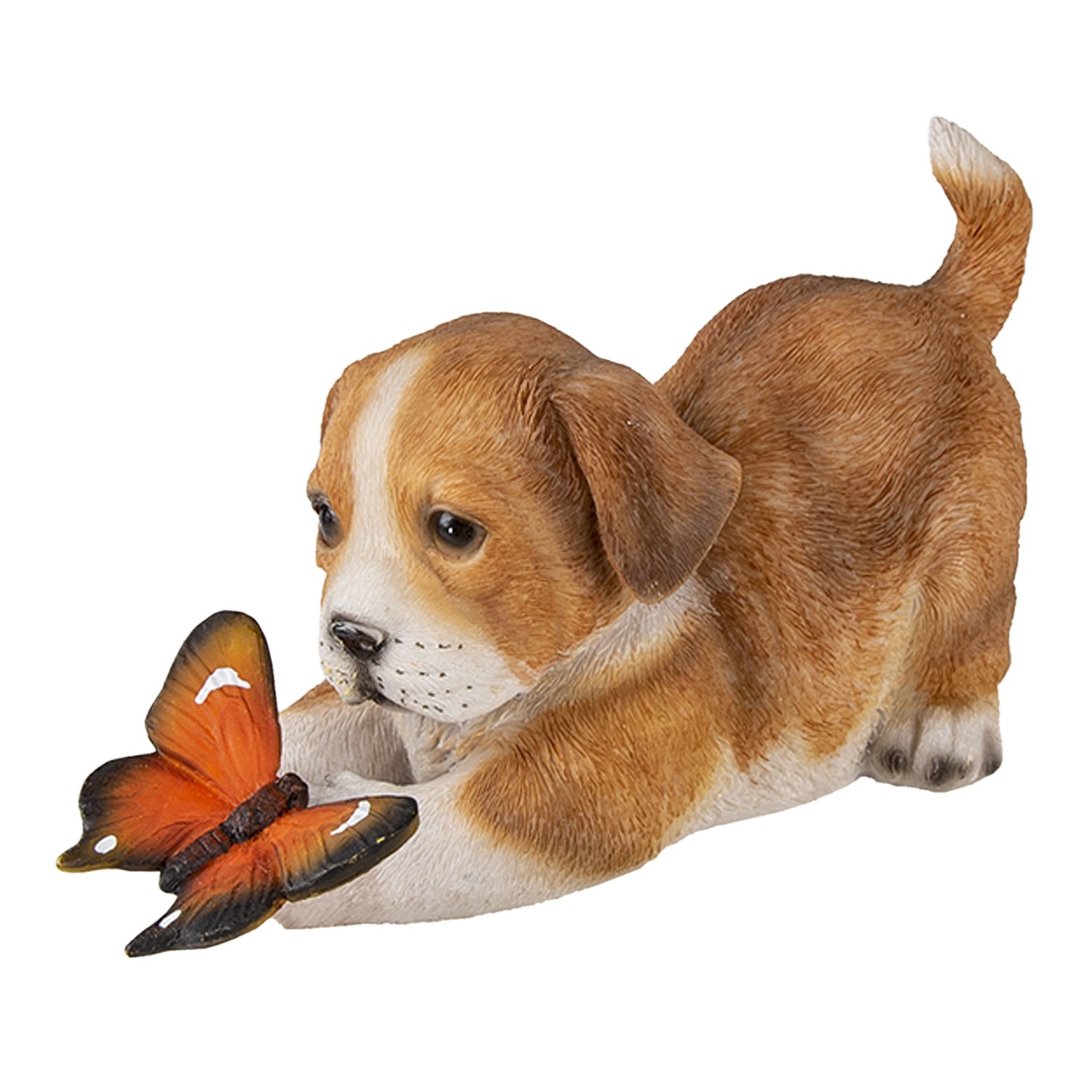 Dekorativní soška hrajícího si pejska s oranžovým motýlkem - 20*8*11 cm 6PR3360