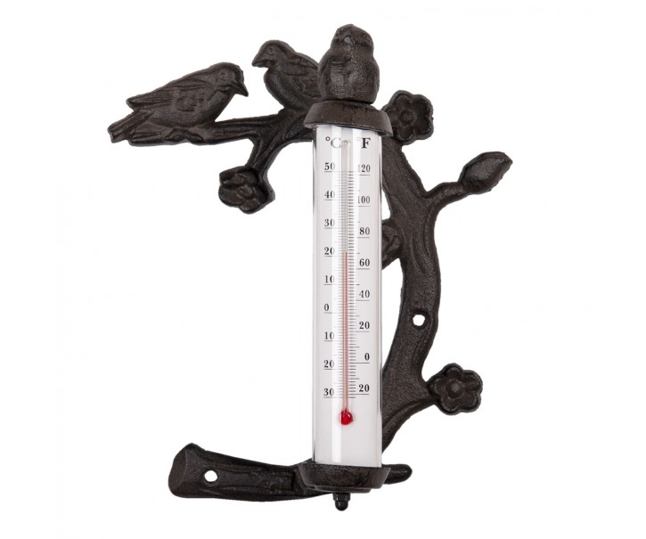 Hnědo černý litinový teploměr s ptáčky - 18*8*21 cm