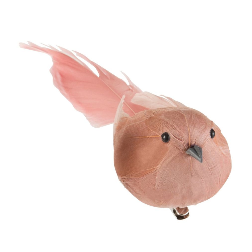 Růžový peříčkový ptáček s klipem  - 5*16,5*5 cm J-Line by Jolipa