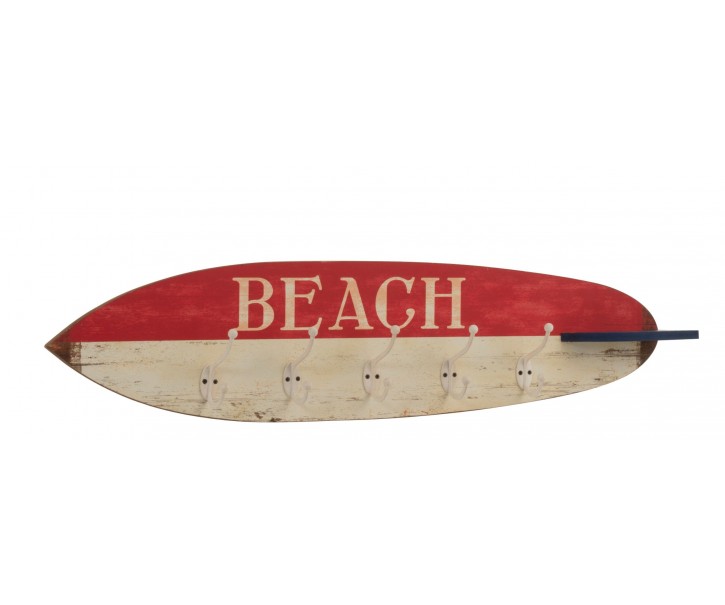 Červeno-bílý dřevěný věšák v designu surfového prkna Beach - 87*9*20,5 cm