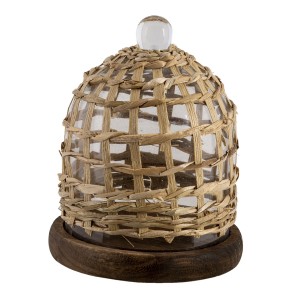 Dřevěný podnos se skleněným poklopem a pleteným potahem - Ø 18*22 cm