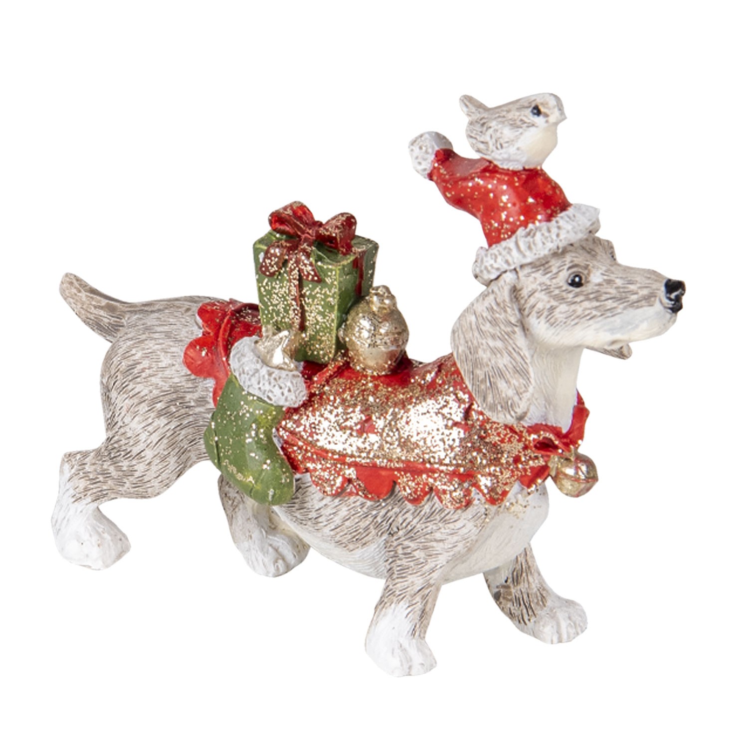 Dekorativní soška psa s dárky a čepicí - 9*3*8 cm Clayre & Eef
