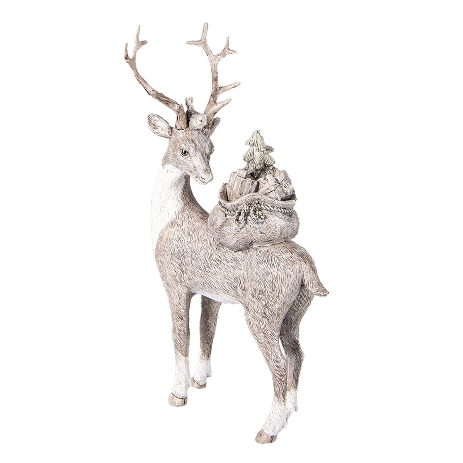 Stříbrno bílá dekorativní soška jelena s dárky - 15*9*26 cm Clayre & Eef