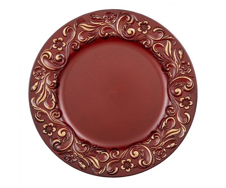 Červeno zlatý plastový dekorativní talíř s ornamenty - Ø 33*2 cm