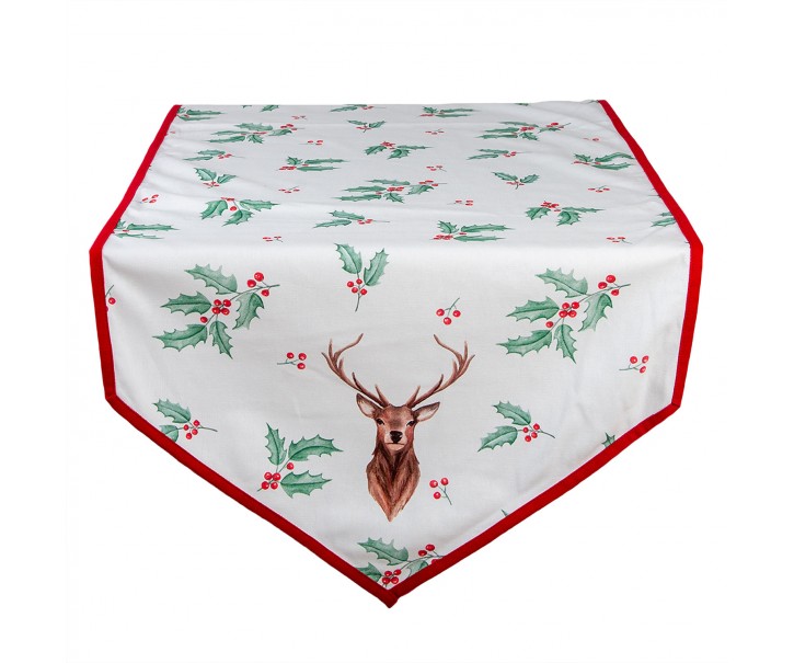 Běhoun na stůl Holly Christmas s červeným lemem a jelenem - 50*160 cm
