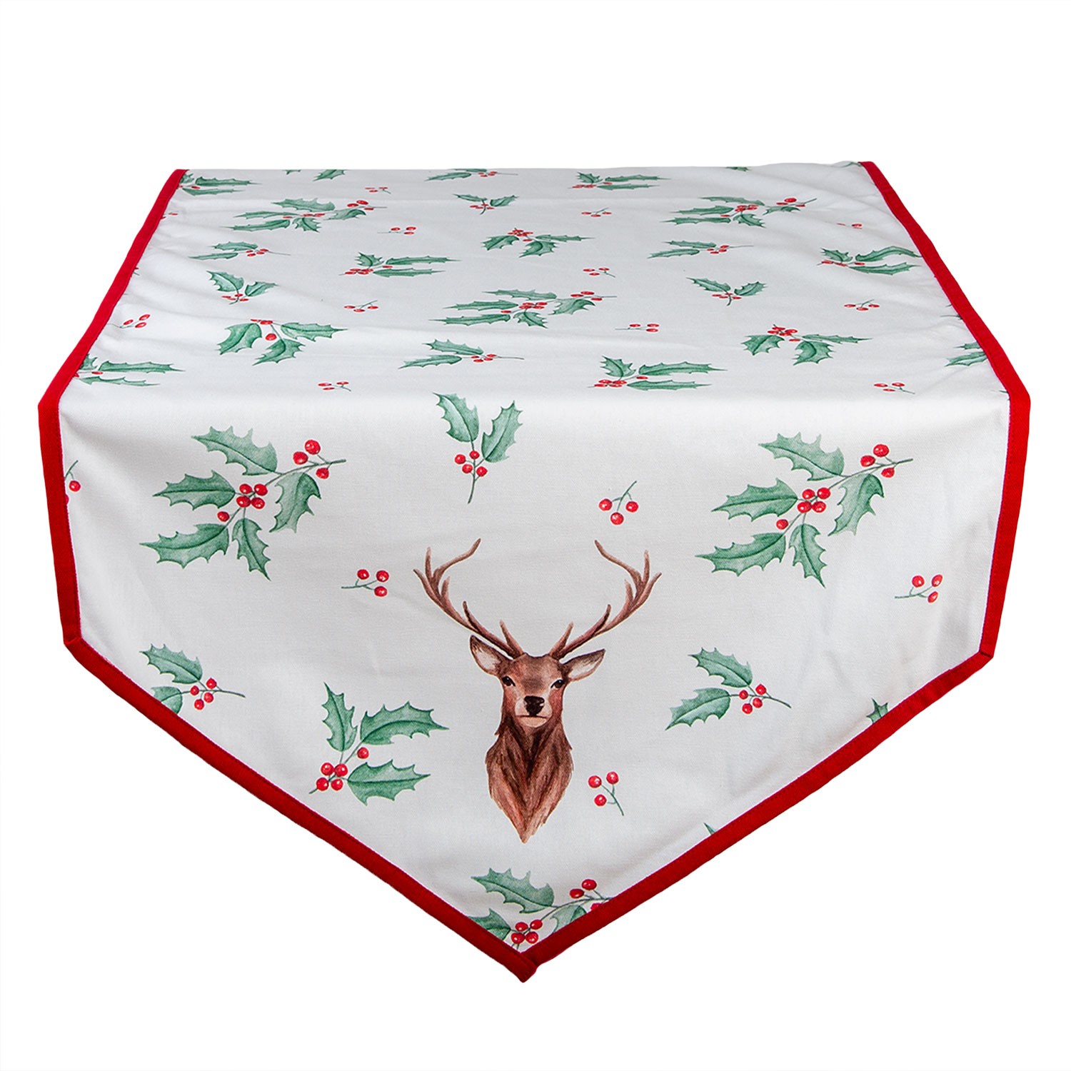 Běhoun na stůl Holly Christmas s červeným lemem a jelenem - 50*160 cm Clayre & Eef