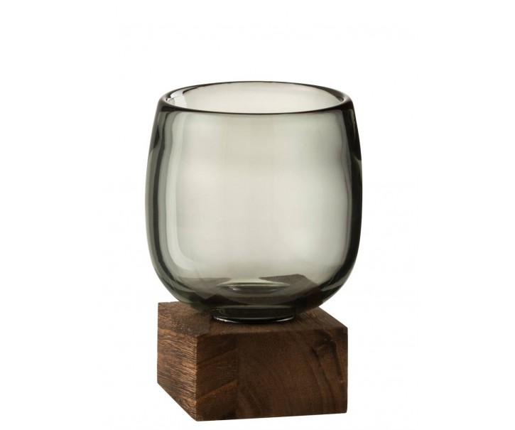 Skleněný svícen / váza na dřevěném podnosu - 10*10*14 cm