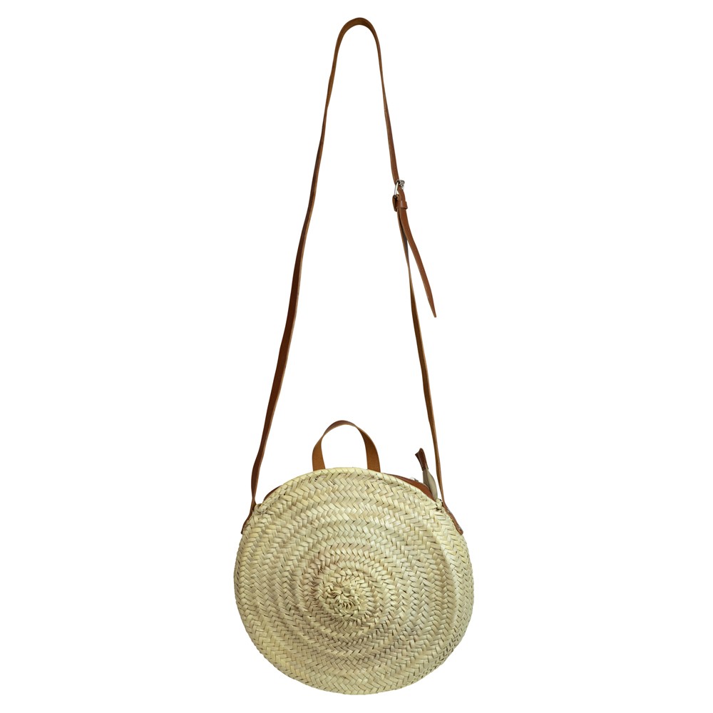 Slaměná kulatá kabelka přes rameno s hnědým uchem - 35*35*8 cm