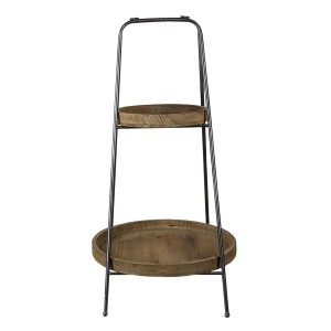 2patrový kovový etažér s dřevěnými podnosy Suzane – Ø46*74 cm