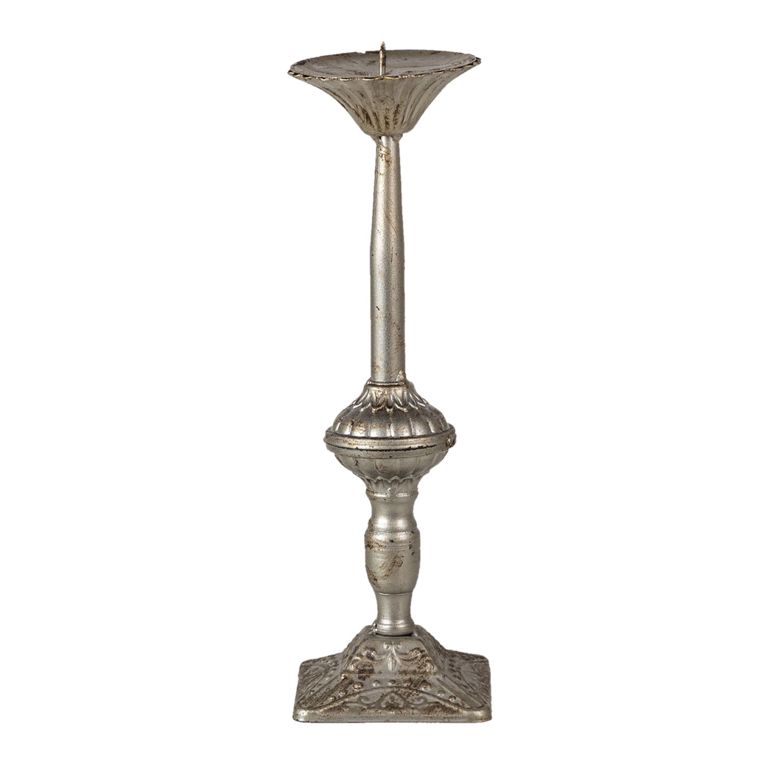 Kovový stříbrný svícen s patinou Leala -Ø 9*32 cm