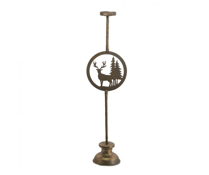 Mosazný antik kovový svícen s jelenem Chris - 13*9*48 cm