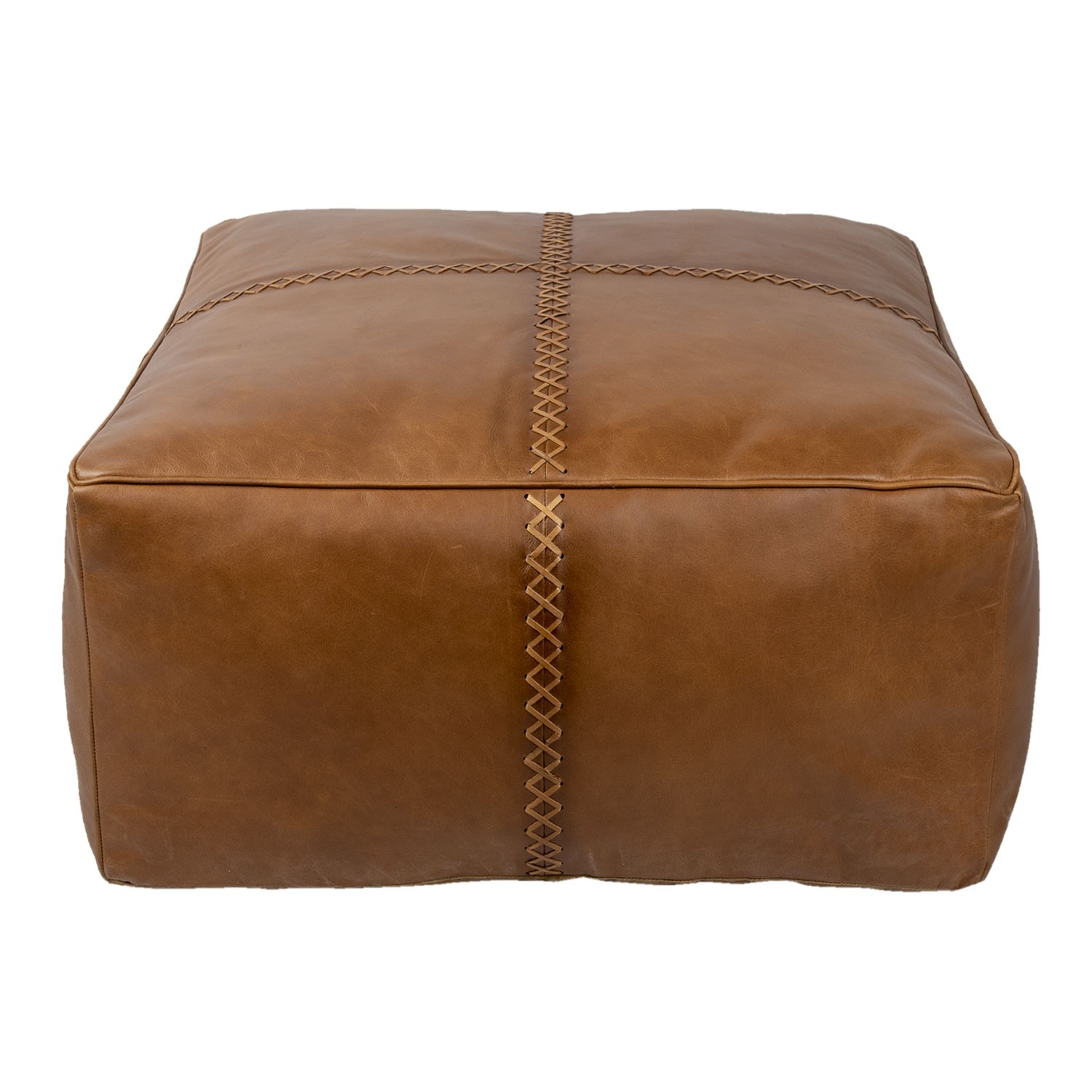 Hnědý čtvercový kožený puf s výraznými stehy Sell - 70*70*38 cm Clayre & Eef