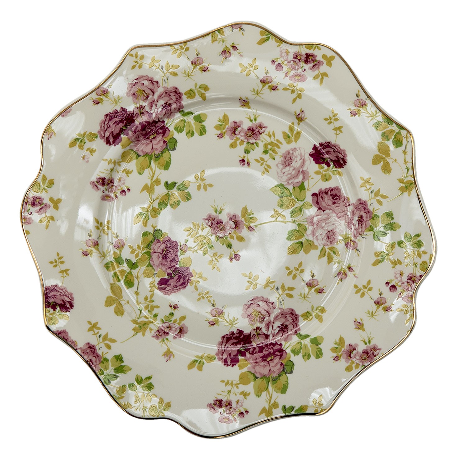 Porcelánový vlněný dezertní talířek s květy - Ø 21*2 cm Clayre & Eef