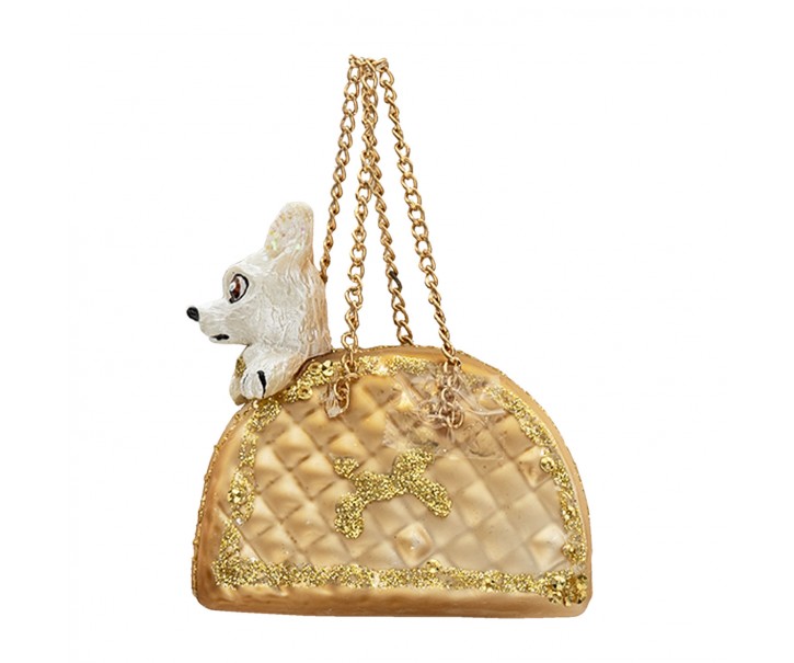 Vánoční ozdoba psík ve zlaté kabelce - 8*4*8 cm