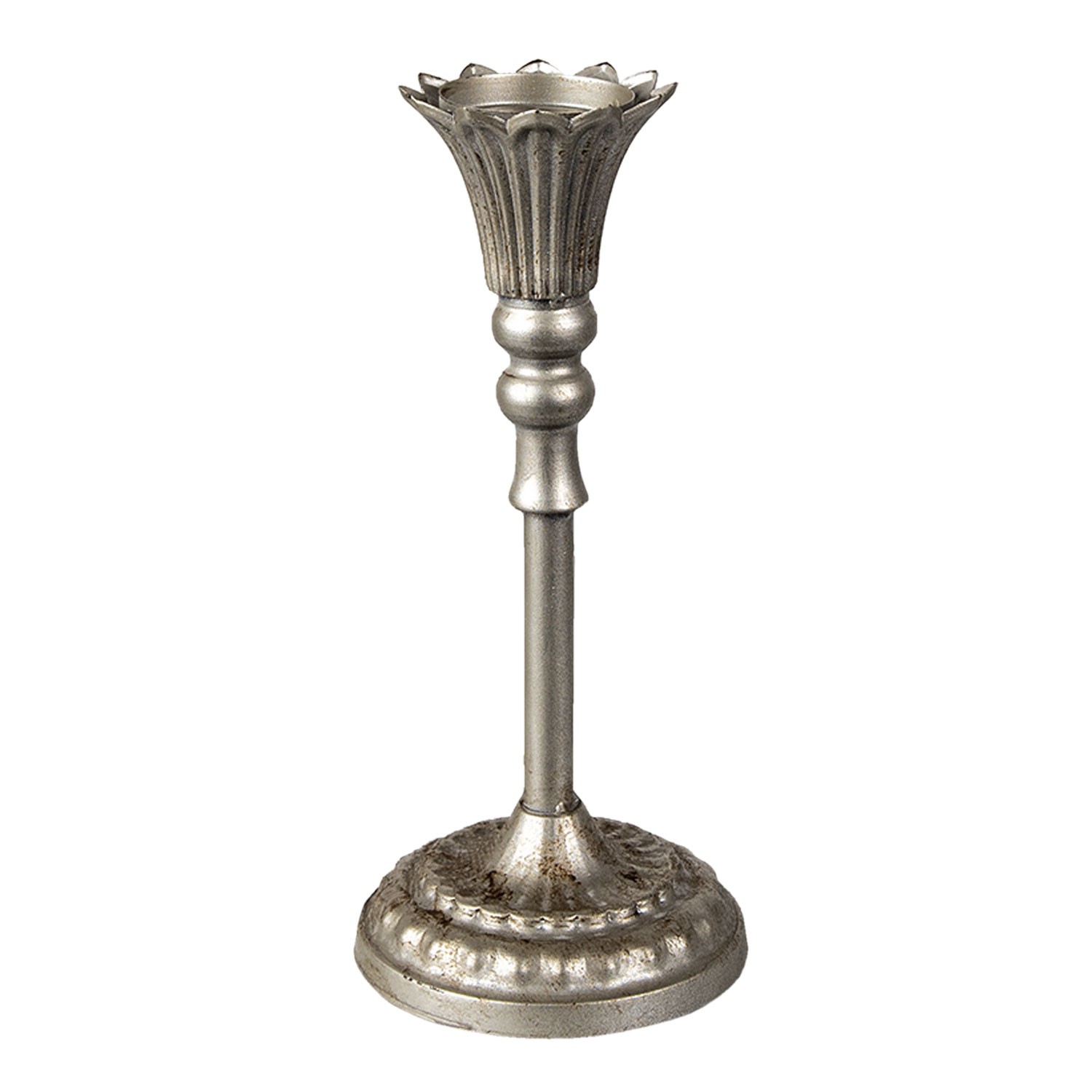 Stříbrný antik kovový svícen - Ø 13*28 cm Clayre & Eef