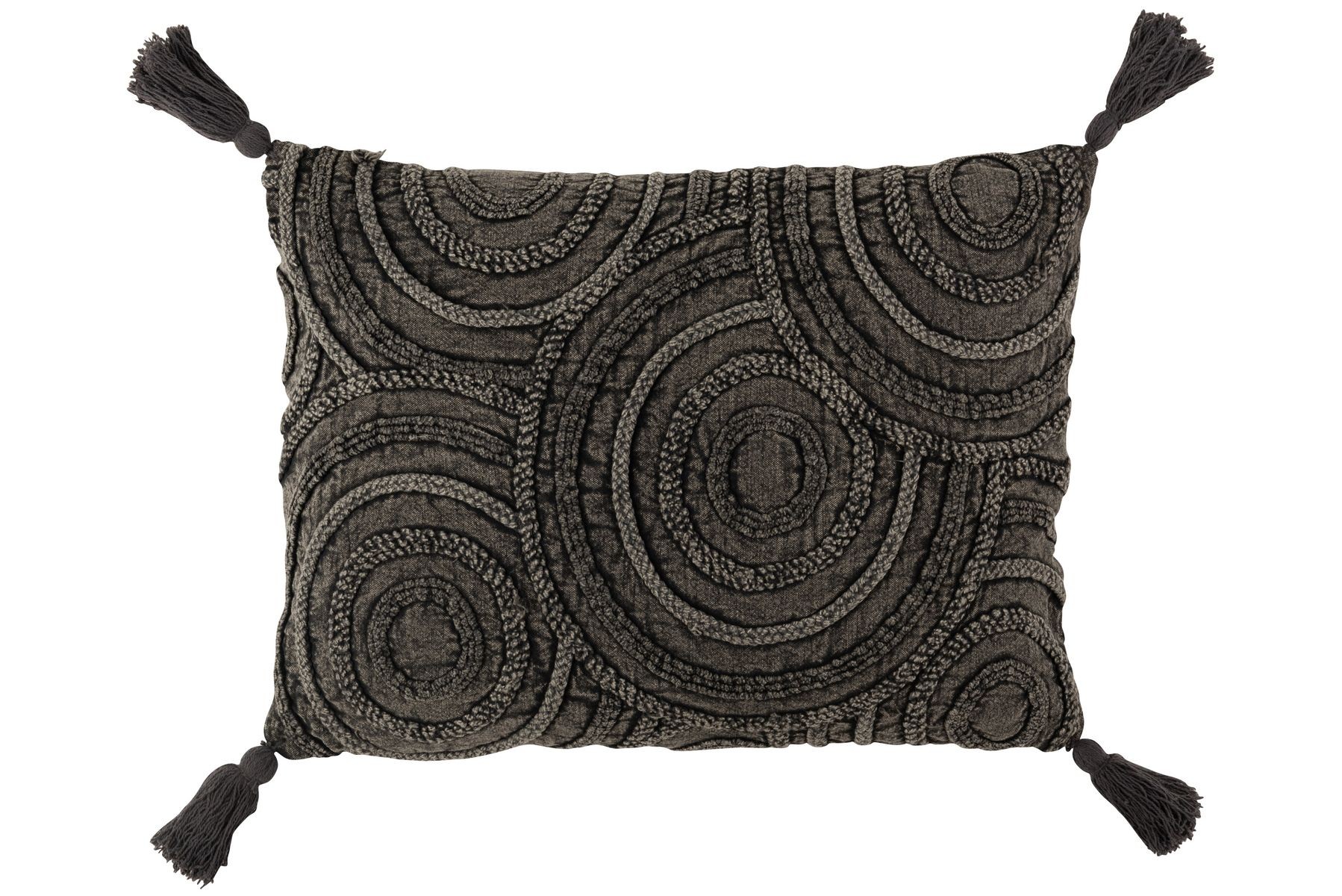 Tmavě šedý polštář se střapci a reliéfem Circle - 60*40 cm