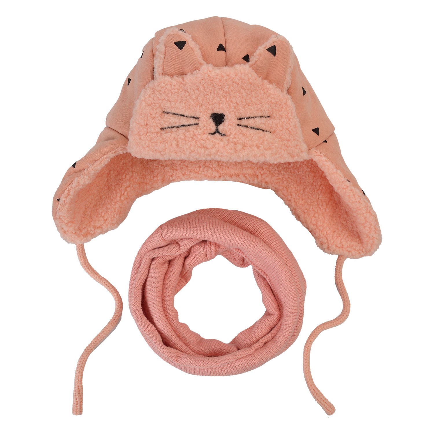 Levně Dětská zimní růžová čepice na zavazování se šálou MLLLSH0001P