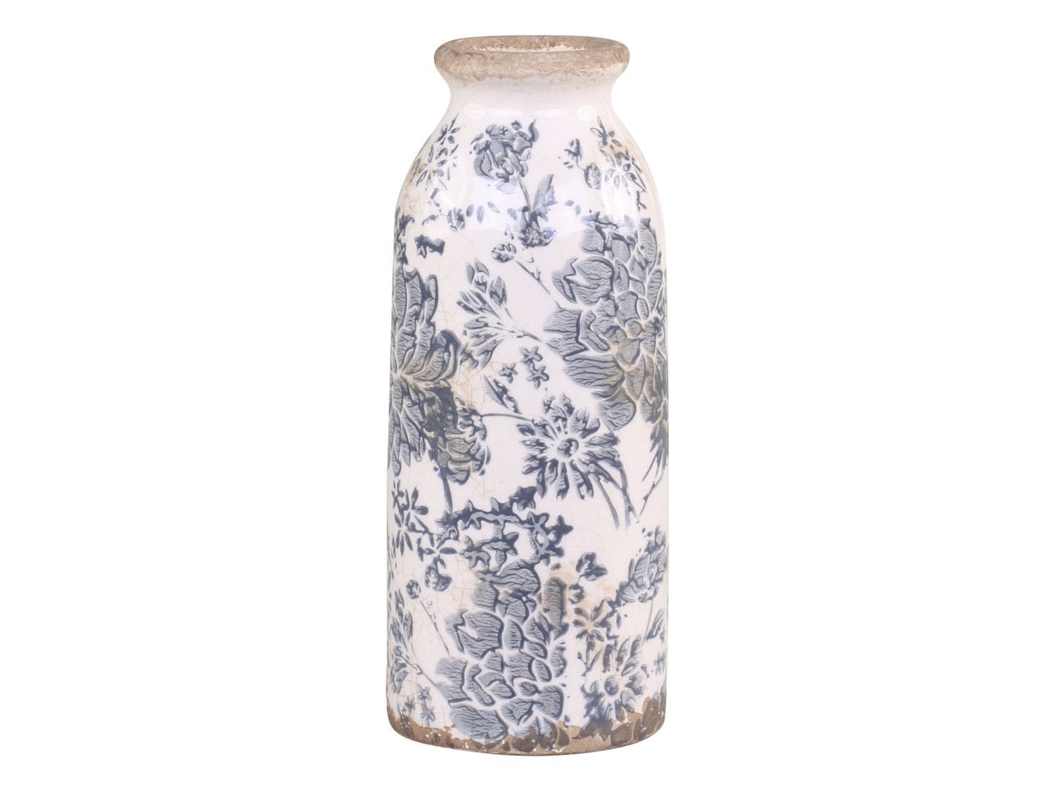 Keramická dekorační váza se šedými květy Melun -  Ø 8*20cm Chic Antique