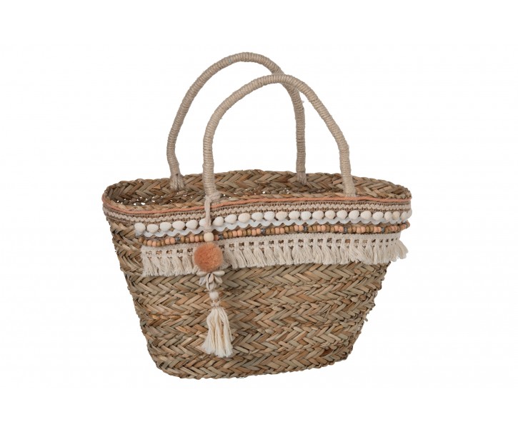 Boho plážová taška/košík s mušličkami a třásněmi - 46*20*48cm