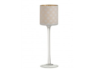 Bílo-zlatý skleněný svícen na úzké noze na čajovou svíčku - Ø 9*30 cm
