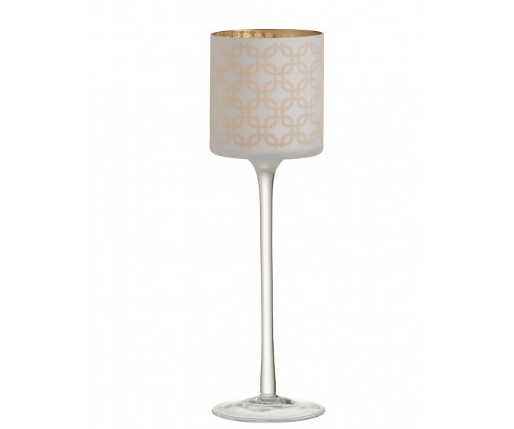 Bílo-zlatý matný skleněný svícen na úzké noze na čajovou svíčku - Ø 9*30 cm