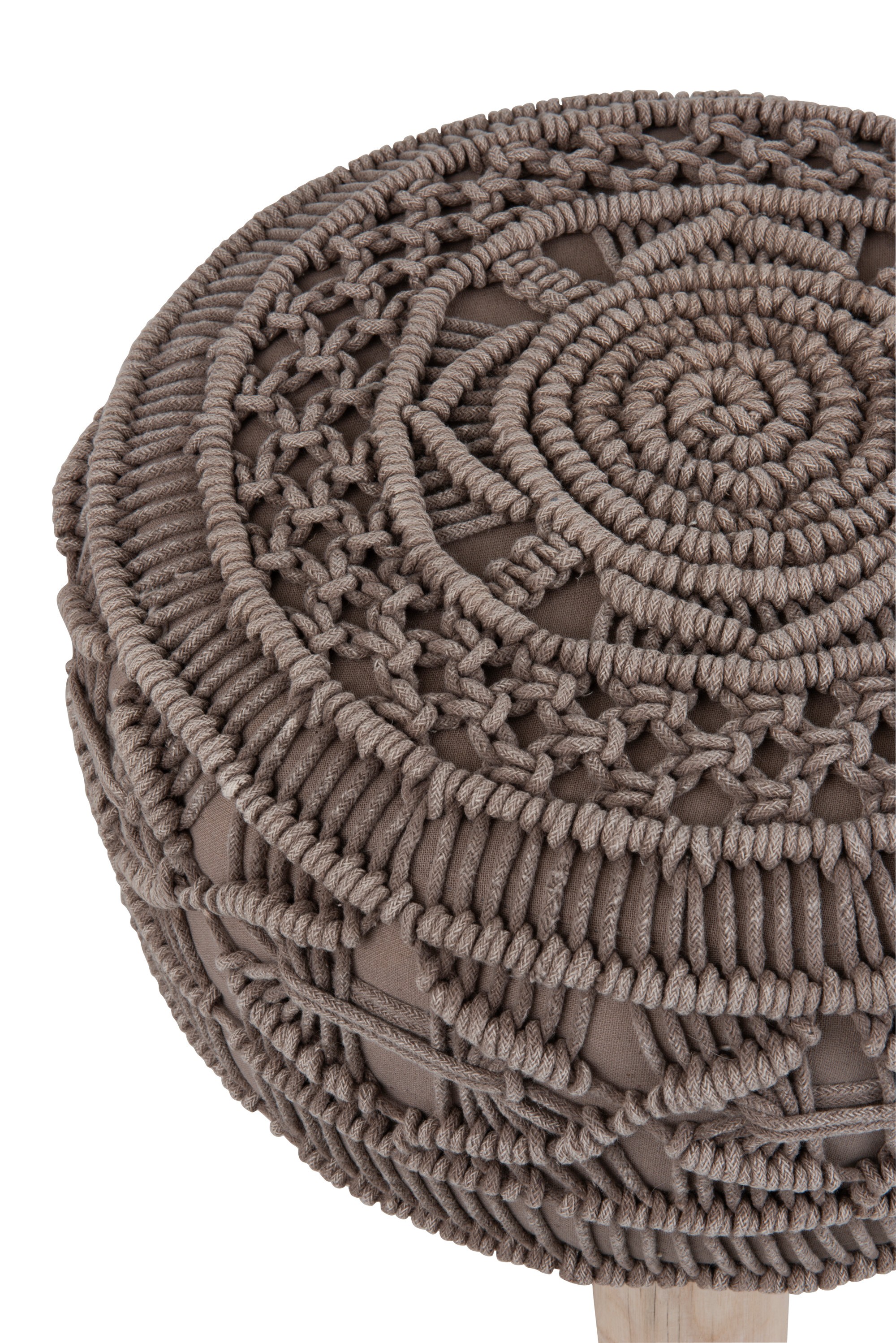 Bavlněný sedák Macrame taupe na dřevěných nožkách - Ø 40*30cm