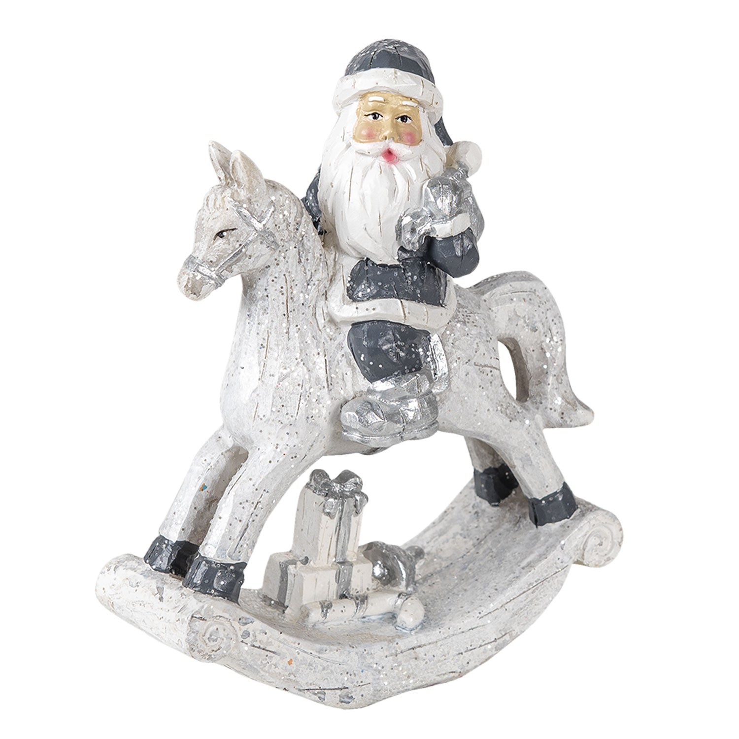 Dekorace Santa na houpacím koni s dárkem - 13*6*17 cm 6PR3410