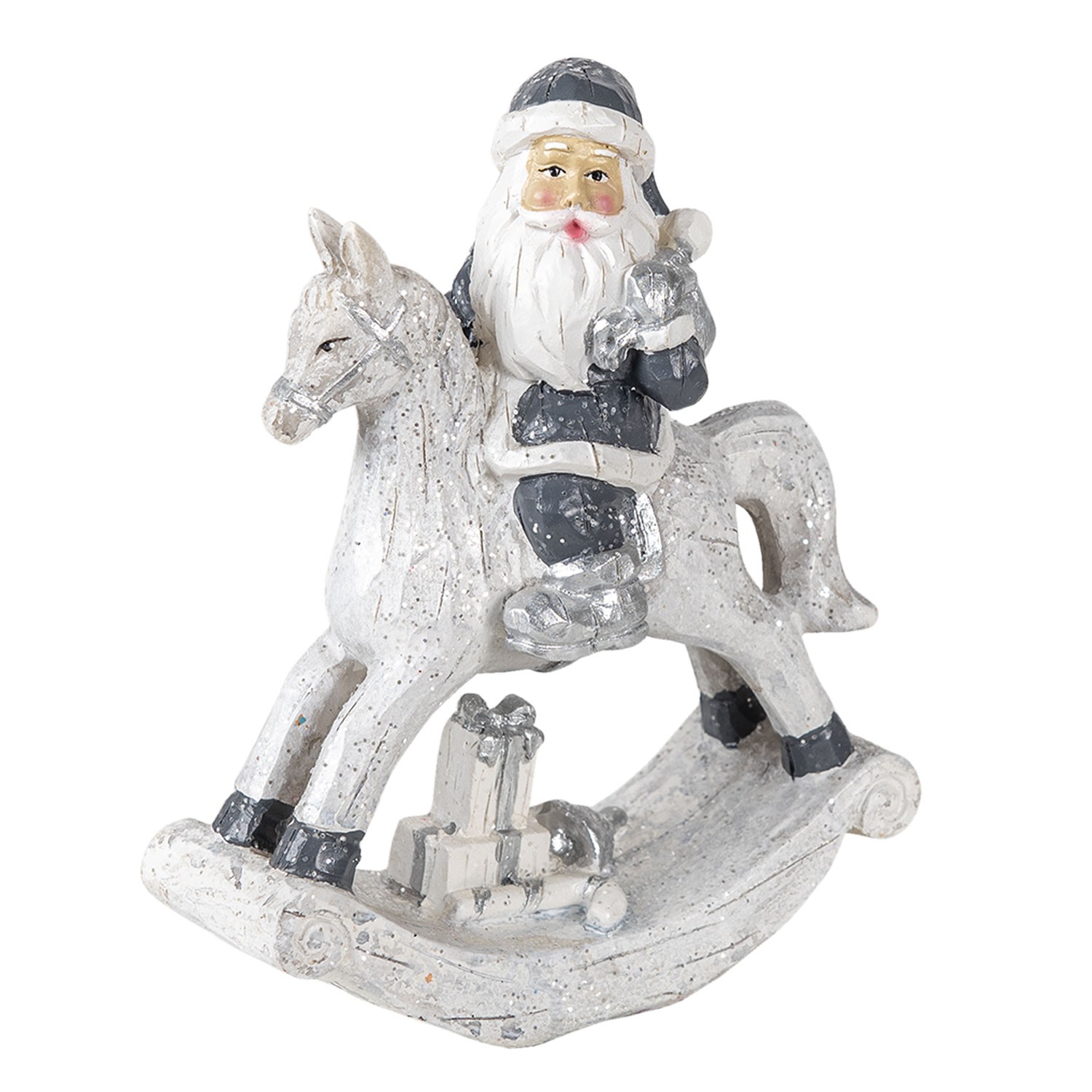 Dekorace Santa na houpacím koni s dárkem - 13*6*17 cm